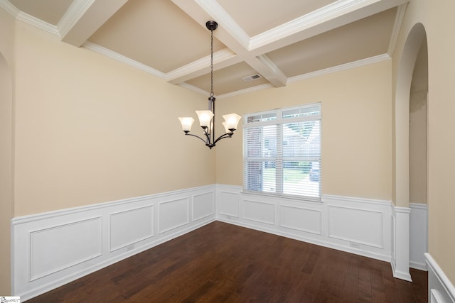 330 Mansfield Ln, Greer, SC 29650 - empty room with arched walkways, beamed ceiling, coffered ceiling, a chandelier, and wainscoting