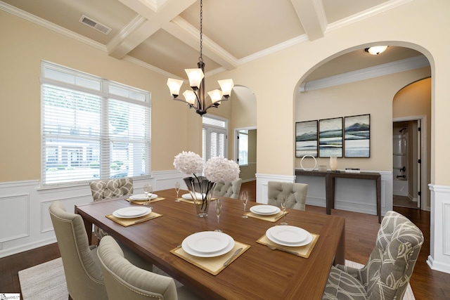 330 Mansfield Ln, Greer, SC 29650 - dining area with arched walkways, beamed ceiling, dark wood-style flooring, wainscoting, and a chandelier