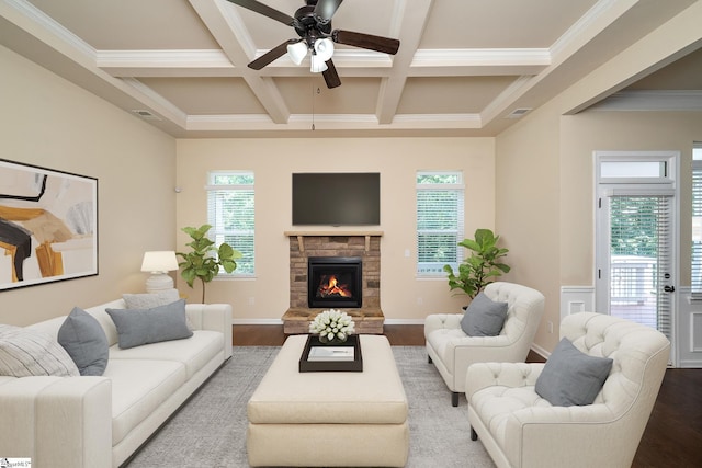 330 Mansfield Ln, Greer, SC 29650 - living area featuring coffered ceiling, wood finished floors, plenty of natural light, ceiling fan, and beamed ceiling