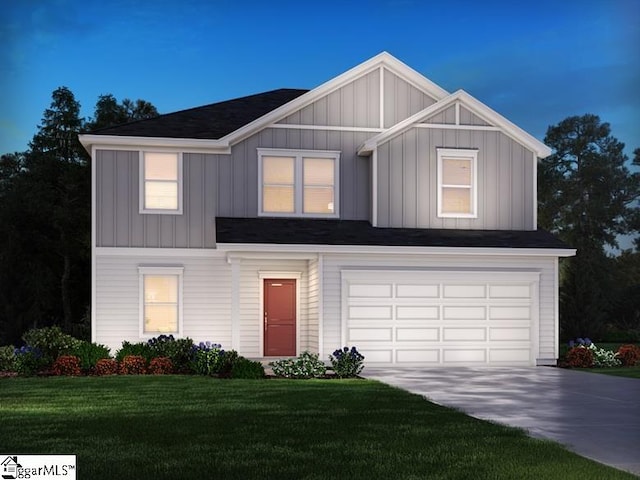 494 Harben Dr, Woodruff, SC 29388 - modern inspired farmhouse featuring board and batten siding, a garage, driveway, and a front lawn