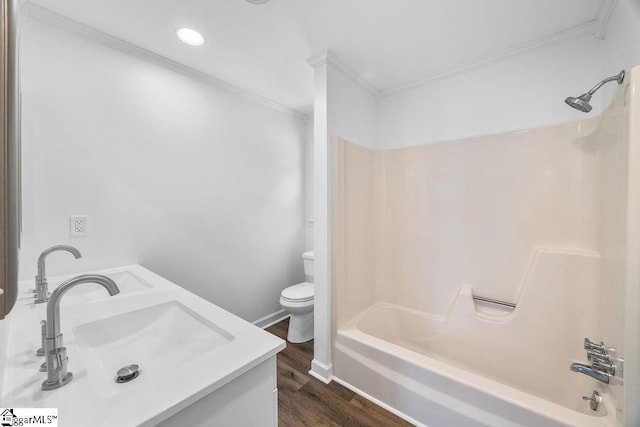 1117 Briarwood Dr, Easley, SC 29642 - bathroom featuring ornamental molding, wood finished floors, bathtub / shower combination, double vanity, and recessed lighting