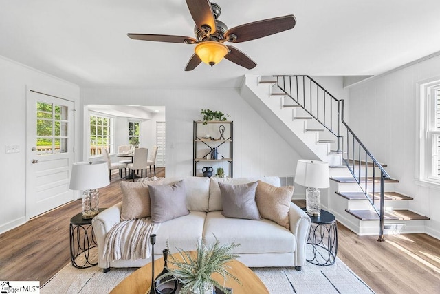 1117 Briarwood Dr, Easley, SC 29642 - living area featuring wood finished floors, stairway, and ceiling fan