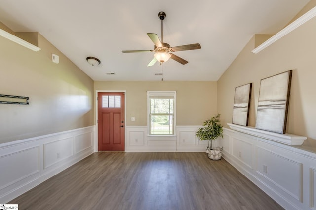 121 Stanmoore Dr, Anderson, SC 29621 - entryway featuring lofted ceiling, wood finished floors, ceiling fan, wainscoting, and a decorative wall