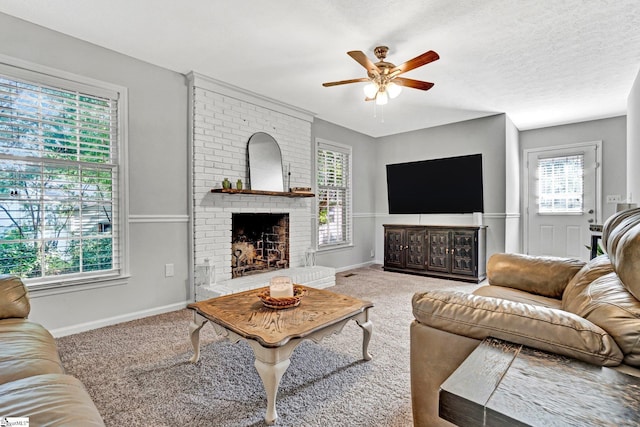 203 Camellia Ln, Simpsonville, SC 29681 - living area featuring a ceiling fan, carpet, and a brick fireplace