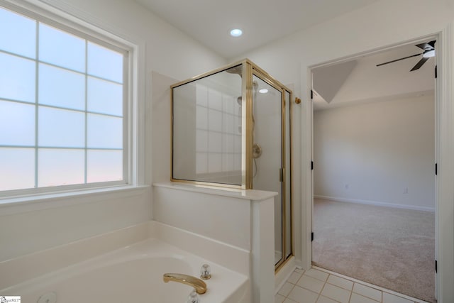101 Clearbrook Ct, Greer, SC 29650 - bathroom with a shower stall, a garden tub, a ceiling fan, tile patterned flooring, and recessed lighting