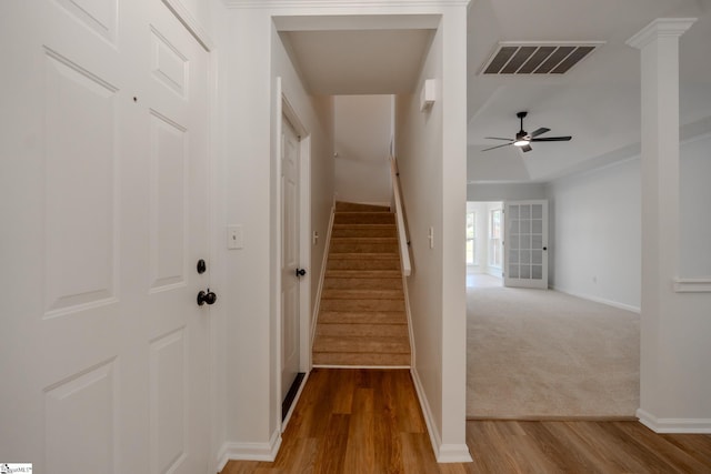 101 Clearbrook Ct, Greer, SC 29650 - staircase with a ceiling fan, wood finished floors, and carpet floors