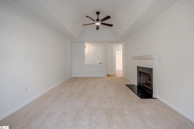 101 Clearbrook Ct, Greer, SC 29650 - unfurnished living room with ceiling fan, carpet, a high end fireplace, a tray ceiling, and vaulted ceiling
