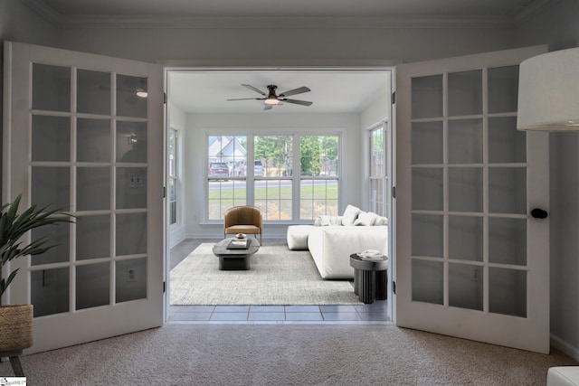 101 Clearbrook Ct, Greer, SC 29650 - tiled living area with ceiling fan, carpet floors, and ornamental molding