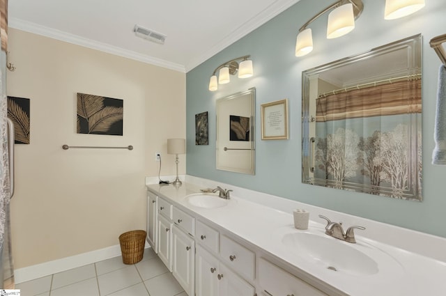 163 Tupelo Dr, Greer, SC 29651 - full bathroom with double vanity, ornamental molding, tile patterned flooring, and a shower with shower curtain