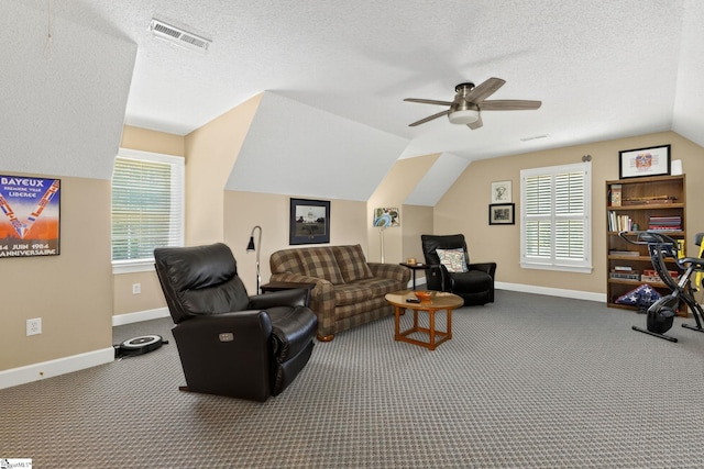 163 Tupelo Dr, Greer, SC 29651 - carpeted living area featuring lofted ceiling, ceiling fan, and a textured ceiling
