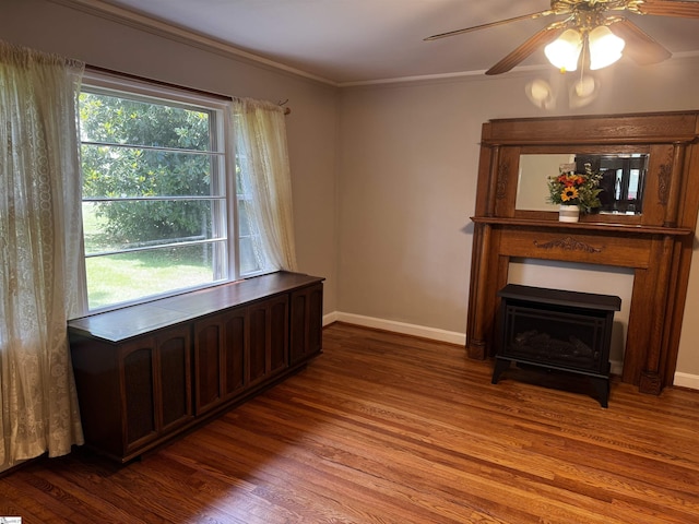 228 Styles Rd, Taylors, SC 29687 - unfurnished dining area with wood finished floors, ceiling fan, crown molding, and a fireplace