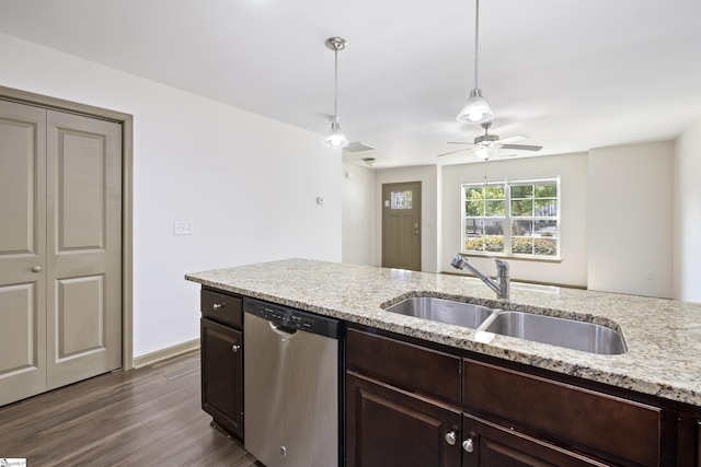 235B Pendleton Rd, Clemson, SC 29631 - kitchen with dishwasher, dark brown cabinets, a ceiling fan, and dark wood finished floors