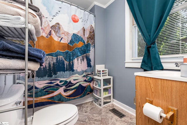 2 Line St, Taylors, SC 29687 - bathroom featuring ornamental molding, healthy amount of natural light, vanity, curtained shower, and marble finish flooring