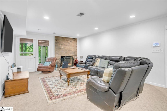 100 Whittlin Way, Taylors, SC 29687 - living area with carpet floors, recessed lighting, ornamental molding, and a brick fireplace