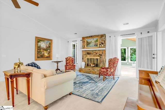 100 Whittlin Way, Taylors, SC 29687 - living room featuring a fireplace, a ceiling fan, and vaulted ceiling
