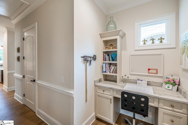 2765 Brockman Mcclimon Rd, Greer, SC 29651 - home office featuring attic access, ornamental molding, healthy amount of natural light, wood finished floors, and built in desk