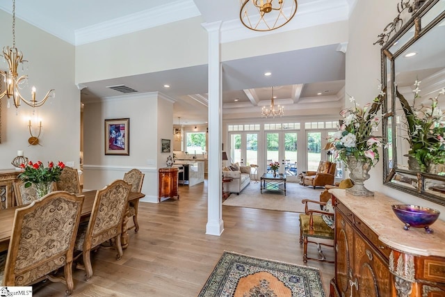 2765 Brockman Mcclimon Rd, Greer, SC 29651 - dining space with a chandelier, ornamental molding, coffered ceiling, light wood-type flooring, and recessed lighting