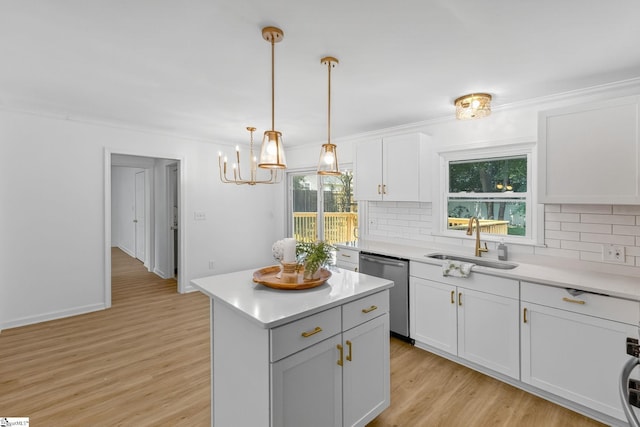 103 Gaithburg Sq, Taylors, SC 29687 - kitchen with dishwasher, decorative backsplash, a chandelier, light wood-style flooring, and ornamental molding