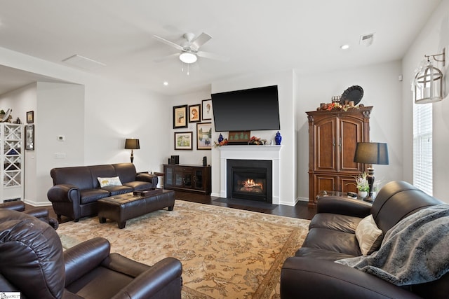 506 Bellot Winds Dr, Duncan, SC 29334 - living area featuring dark wood-type flooring, a ceiling fan, a fireplace with flush hearth, and recessed lighting
