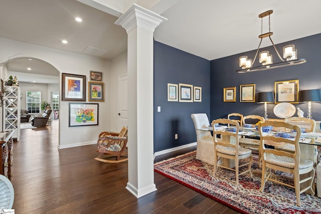 506 Bellot Winds Dr, Duncan, SC 29334 - dining space with ornate columns, wood finished floors, arched walkways, recessed lighting, and a chandelier