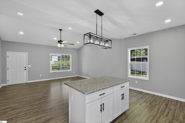 107 Toney Creek Rd, Belton, SC 29627 - kitchen with healthy amount of natural light, dark wood-style floors, hanging light fixtures, white cabinetry, and recessed lighting