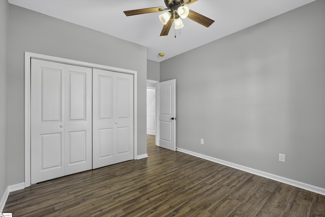 107 Toney Creek Rd, Belton, SC 29627 - unfurnished bedroom with dark wood finished floors, a closet, and a ceiling fan