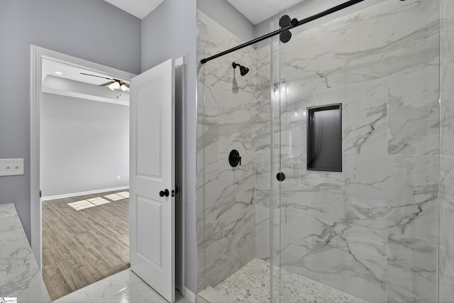 107 Toney Creek Rd, Belton, SC 29627 - full bathroom with marble finish flooring, a marble finish shower, and a ceiling fan