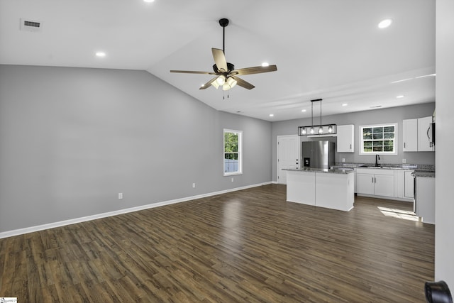 107 Toney Creek Rd, Belton, SC 29627 - unfurnished living room featuring recessed lighting, dark wood-style flooring, ceiling fan, and lofted ceiling