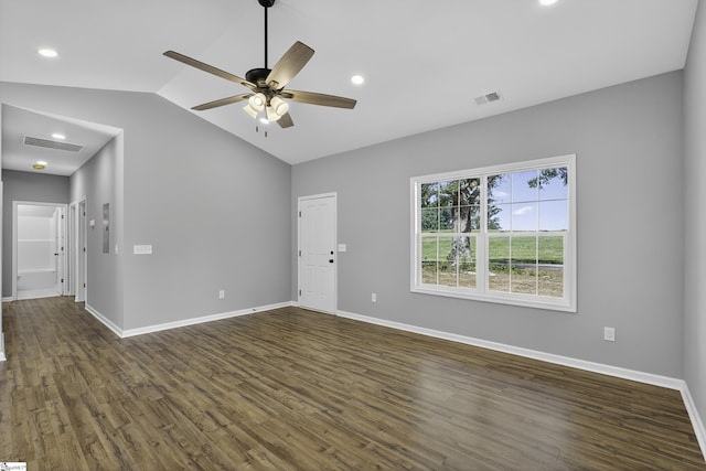107 Toney Creek Rd, Belton, SC 29627 - empty room featuring a ceiling fan, dark wood-style flooring, lofted ceiling, and recessed lighting