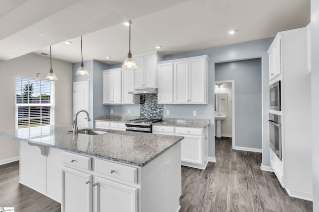 10 Wiltshire Cir, Easley, SC 29642 - kitchen with stainless steel appliances, wood finished floors, under cabinet range hood, white cabinets, and recessed lighting