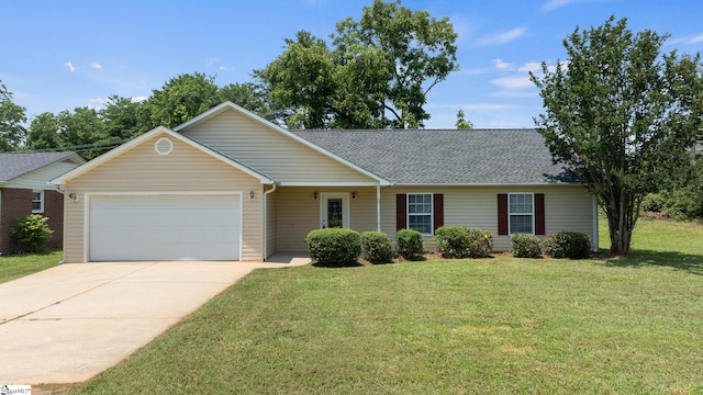 196 Reedy Fork Rd, Greenville, SC 29605 - ranch-style house with a garage, a front lawn, concrete driveway, and a shingled roof