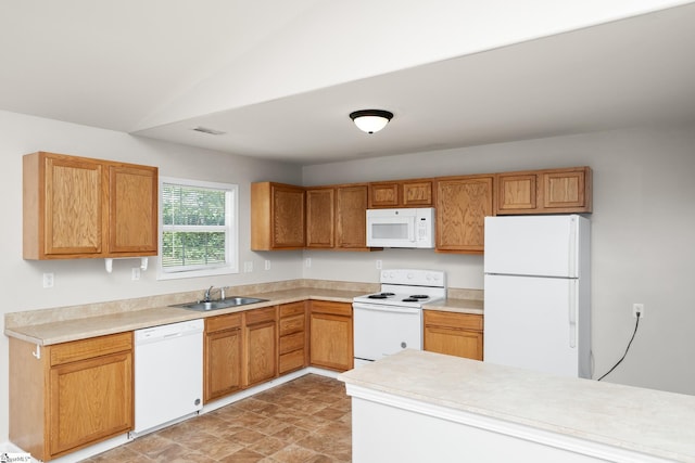 196 Reedy Fork Rd, Greenville, SC 29605 - kitchen featuring white appliances, light countertops, and vaulted ceiling