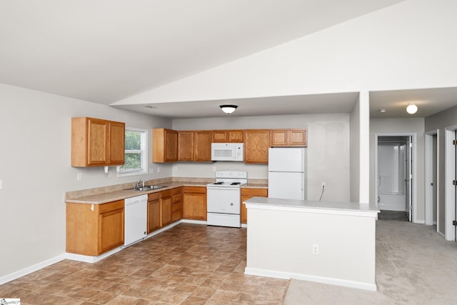 196 Reedy Fork Rd, Greenville, SC 29605 - kitchen featuring white appliances, light countertops, and vaulted ceiling