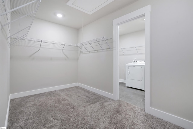 6 Shorncliffe Rd, Simpsonville, SC 29680 - walk in closet featuring washer / dryer, attic access, and carpet floors