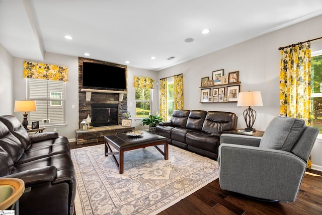 202 Princeton Dr, Duncan, SC 29334 - living room featuring healthy amount of natural light, dark wood finished floors, a fireplace, and recessed lighting