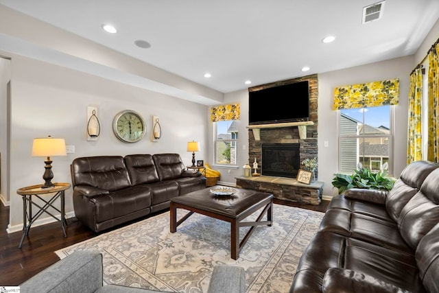 202 Princeton Dr, Duncan, SC 29334 - living room featuring wood finished floors, healthy amount of natural light, recessed lighting, and a stone fireplace