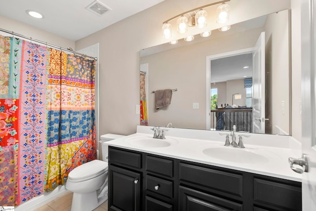 202 Princeton Dr, Duncan, SC 29334 - bathroom with double vanity, tile patterned flooring, curtained shower, and recessed lighting