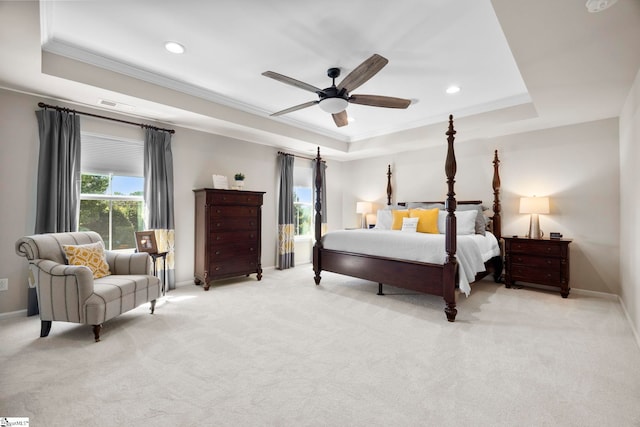 202 Princeton Dr, Duncan, SC 29334 - bedroom featuring a raised ceiling, crown molding, light carpet, recessed lighting, and a ceiling fan