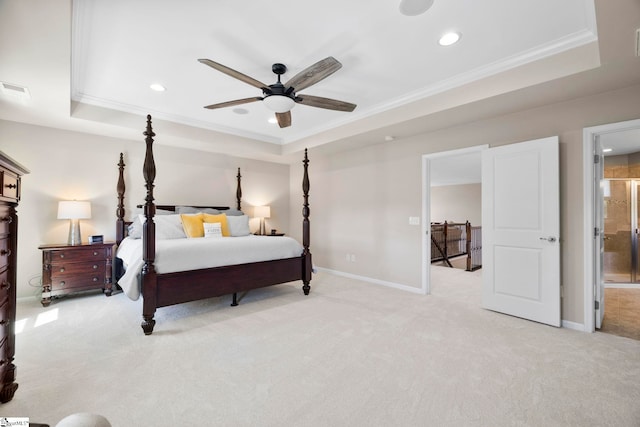 202 Princeton Dr, Duncan, SC 29334 - bedroom with a tray ceiling, crown molding, light carpet, recessed lighting, and a ceiling fan