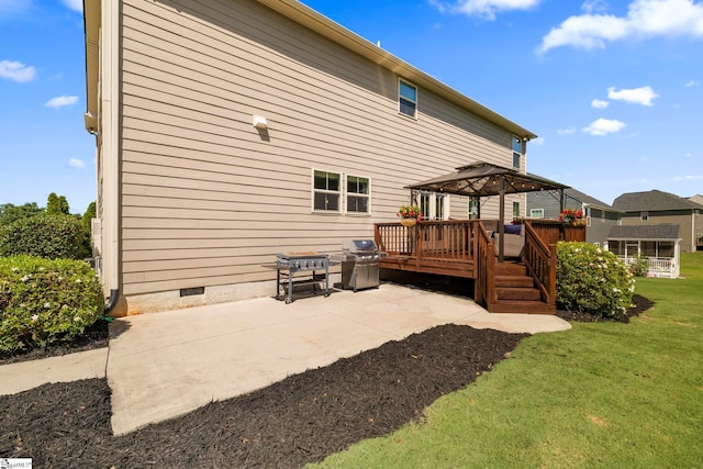 202 Princeton Dr, Duncan, SC 29334 - rear view of house featuring a gazebo, a lawn, crawl space, a wooden deck, and a patio