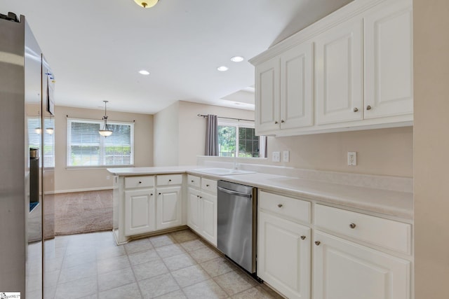 415 N Pond View Dr, Duncan, SC 29334 - kitchen featuring dishwasher, a peninsula, white cabinetry, light colored carpet, and recessed lighting