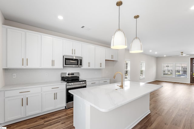 41 Leander Dr, Greer, SC 29651 - kitchen featuring stainless steel appliances, white cabinets, recessed lighting, open floor plan, and wood finished floors