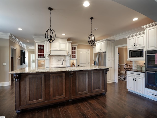 217 Andalusian Trl, Anderson, SC 29621 - kitchen with stainless steel appliances, tasteful backsplash, recessed lighting, glass insert cabinets, and dark wood-style floors