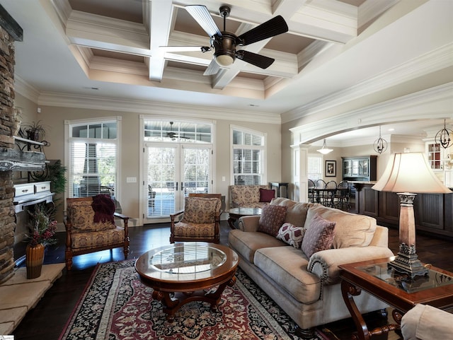217 Andalusian Trl, Anderson, SC 29621 - living room featuring ceiling fan, crown molding, coffered ceiling, wood finished floors, and beam ceiling