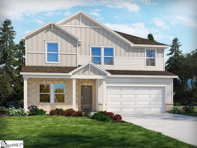789 Treeline Rd, Moore, SC 29369 - craftsman-style home with board and batten siding, an attached garage, concrete driveway, a front lawn, and a shingled roof