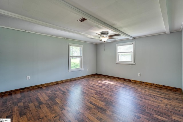 160 Bill Roberson Rd, Enoree, SC 29335 - empty room with wood finished floors, a ceiling fan, and beam ceiling