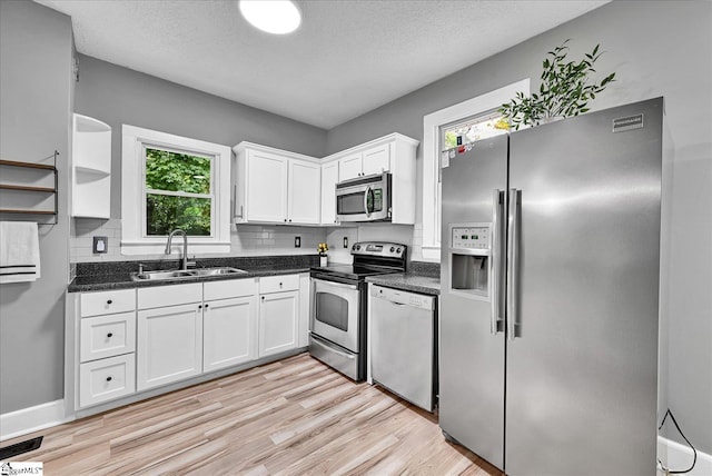 23 Stringer St, Belton, SC 29627 - kitchen featuring appliances with stainless steel finishes, white cabinets, light wood-type flooring, dark countertops, and open shelves