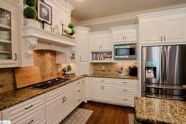 108 Ledgestone Way, Greer, SC 29651 - kitchen featuring stainless steel appliances, white cabinetry, glass insert cabinets, tasteful backsplash, and dark wood-style flooring