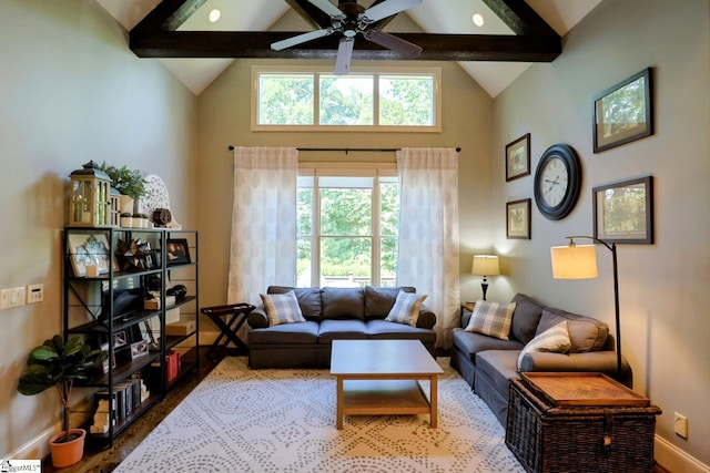 108 Ledgestone Way, Greer, SC 29651 - living area featuring high vaulted ceiling, beamed ceiling, wood finished floors, and ceiling fan