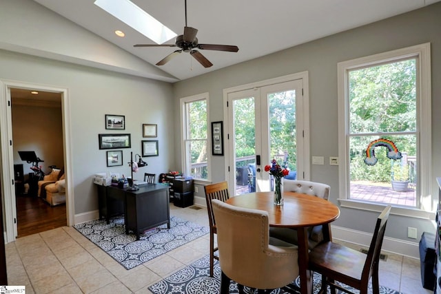 108 Ledgestone Way, Greer, SC 29651 - dining room with lofted ceiling, ceiling fan, a skylight, light tile patterned flooring, and recessed lighting